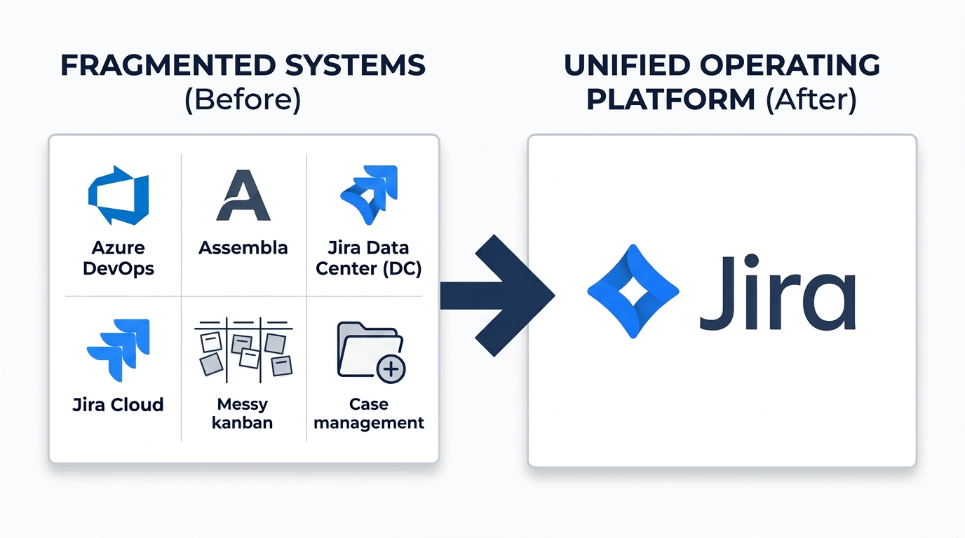 Before/After System Diagram: 4 disconnected systems to unified Jira operating model